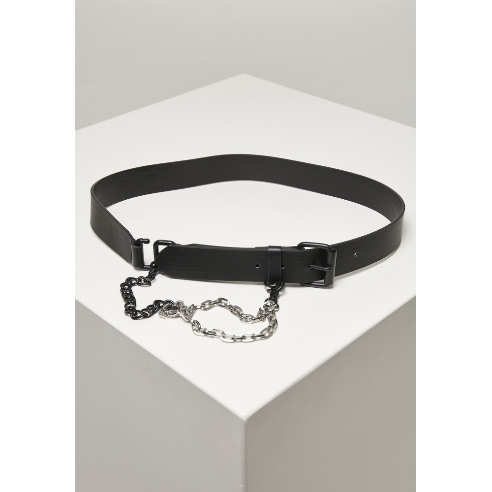 Urban Classics - Imitation Leather With Metal Chain Riem - Zwart